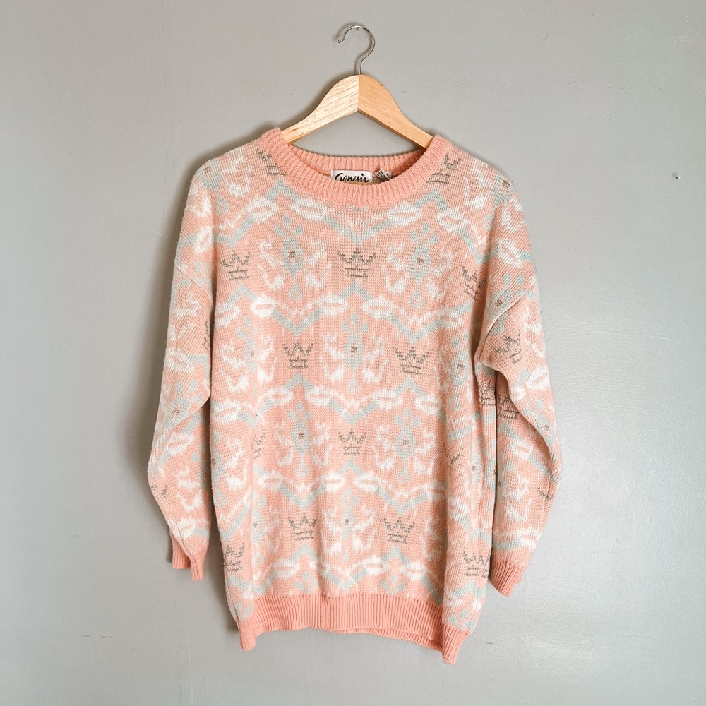 Genesis Knit Sweater Pink and White Crew Neck Oversized Vintage Sweater